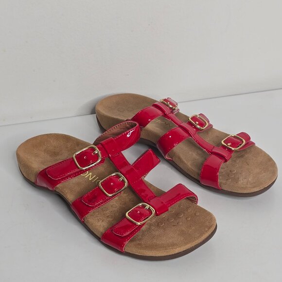 Vionic Womens Misa Size 7 Red Slip On Buckle Decor Sandals Orthoheel Slide - Picture 1 of 10